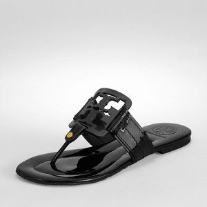 Tory Burch Miller Black Patent Square Logo Sandals Size 11